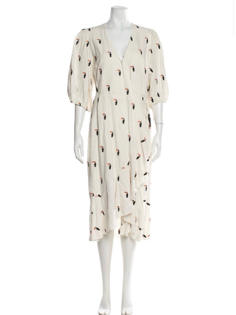 Farm Rio Cream Wrap Midi Dress with Toucan Print